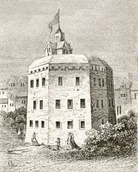 O Globe Theatre, Southwark, de «A História Nacional e Doméstica de Inglaterra», de William Hickman Smith Aubrey (1858-1916), publicado em Londres, c. de 1890