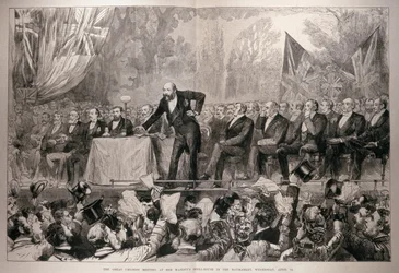 O Grande Encontro Unionista na Casa de Ópera de Sua Majestade em Haymarket, quarta-feira, 14 de abril, de "The Illustrated London News", 24 de abril de 1886