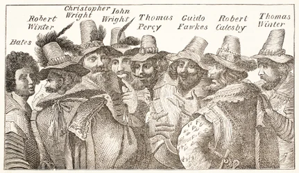 Os Conspiradores da conspiração da pólvora, após uma gravura 1606