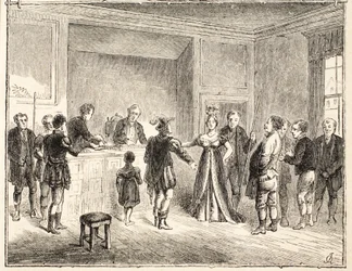 A mão e tesouras, um caso perante o Tribunal de Pie-Poudre, de um desenho datado de 1811