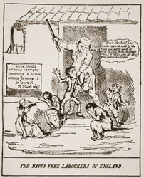 Os felizes trabalhadores livres da Inglaterra, de uma impressão publicada em 1833, ilustração da Igreja da Inglaterra: uma história para o povo por HDM Spence-Jones, pub. c.1910 (foto sépia)