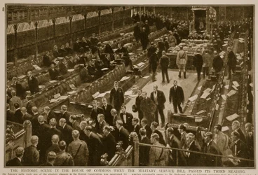 A cena histórica na Câmara dos Comuns quando o projeto de lei do Serviço Militar passou sua terceira leitura, 1914-19