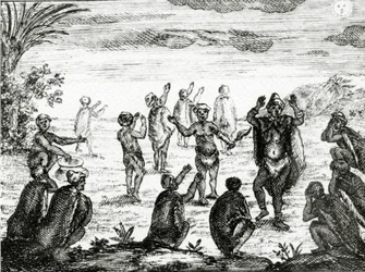 Os hotentotes Adoram a Lua, ilustração de "O Estado Atual do Cabo da Boa Esperança", de Peter Kolb, publicado em 1731