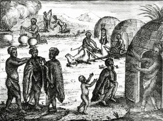 Os Hotentotes adoram um certo inseto, ilustração de "O Estado Atual do Cabo da Boa Esperança", de Peter Kolb, publicado em 1731.