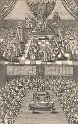 A Câmara dos Lordes e a Câmara dos Comuns sob o reinado do Rei Carlos I, c.1640 (xilogravura colorida)