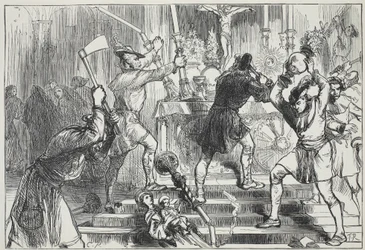 Os iconoclastas que destroem as imagens e as decorações do altar de uma igreja católica romana, ilustração da história do protestantismo por James Aitken Wylie (1808-1890), bar. 1878
