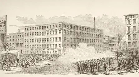 Incidente na Segunda Avenida durante os motins do projeto de lei de Nova Iorque em julho de 1863 (litografia)
