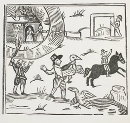 As loucas brincadeiras de Tom Tram, ilustração de Chap-livros do século XVIII por John Ashton, pub. 1882