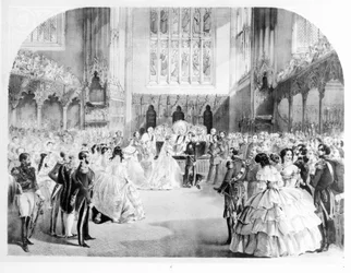 O casamento de Victoria, a princesa real (1840-1901) e o príncipe herdeiro Frederico Guilherme da Prússia (1831-1888) na Capela Real, St. James&39;s, 25 de janeiro de 1858