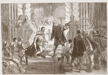 O marechal da Polônia que exige o juramento do duque de Anjou, ilustração da história do protestantismo por James Aitken Wylie (1808-1890), bar. 1878