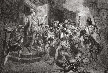 O Massacre de São Bartolomeu: ataque aos alojamentos de Colignys, ilustração de The History of Protestantism por James Aitken Wylie (1808-1890), pub. 1878