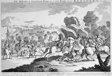 O erro de uma impressão satírica em uma batalha tardia perto de M-d-n em G-r-m-y, c.1759 (gravura)