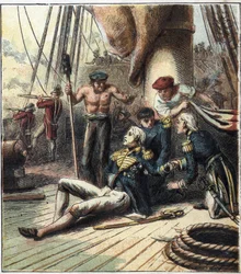 A Guerra Napoleónica: a Batalha de Trafalgar, em 21/10/1805 opôs-se a frota franco-espanhola sob o Almirante Villeneuve à frota britânica comandada pelo Vice-Almirante Nelson. Ele morreu lá. "A Batalha de Trafalgar".