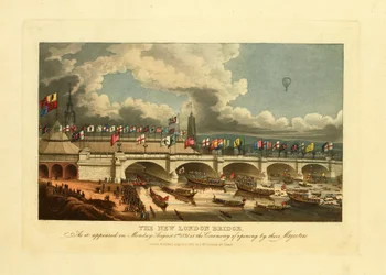 A ponte New London, como apareceu na segunda-feira, 1º de agosto de 1831, na cerimônia de abertura de suas Majestades, 1831