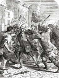 Os desordeiros "No-Popery" atacam membros do Parlamento em Palace Yard, Westminster, Londres, Inglaterra, durante os Gordon Riots de 1780.