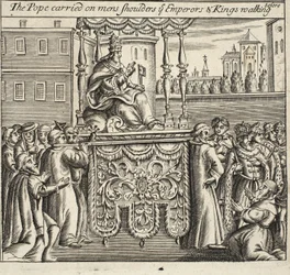 O papa carregava ombros masculinos, imperadores e reis que andavam, ilustração de Atos e Monumentos de John Foxe, nona edição, pub. 1684