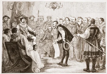 Os Príncipes Protestantes apresentando sua confissão a Carlos, ilustração de A História do Protestantismo, de James Aitken Wylie (1808-1890), pub. 1878