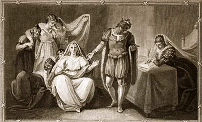 A rainha viúva colocando a si mesma e suas filhas sob a proteção de Ricardo III, ilustração de David Humes A História da Inglaterra, pub. por R. Bowyer, Londres, 1812