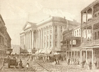 O Hotel Saint Charles em St. Charles Street, Nova Orleães, na década de 1880 (litografia)