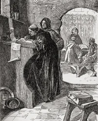 O Scriptorium de um Mosteiro, do livro A Igreja da Inglaterra: Uma História para o Povo, publicado em 1910