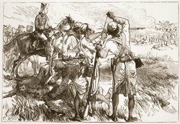 Os Sepoys em Buxar, ilustração da história ilustrada de Cassells da Índia por James Grant, bar. 1879