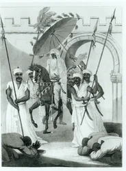 O Sultão do Marrocos saindo para dar Audiência, de viagens pela França e Espanha para o Marrocos por Maurice Keatinge, publicado em 1817