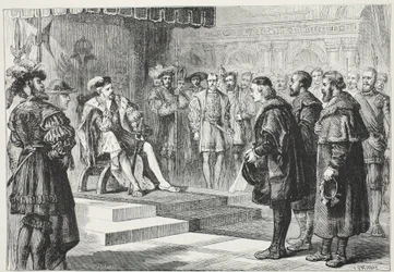 Os três embaixadores protestantes antes do imperador Charles, ilustração da história do protestantismo por James Aitken Wylie (1808-1890), bar. 1878