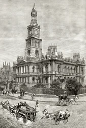 The Town Hall, Sidney, c.1880, de &39;Australian Pictures&39;, de Howard Willoughby, publicado pela Religious Tract Society, Londres, 1886