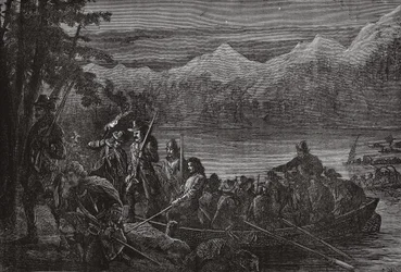 Os valdenses que cruzam o lago Leman em a noite, ilustração da história do protestantismo por James Aitken Wylie (1808-1890), bar. 1878