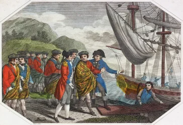 O jovem Pretender após a sua derrota em Culloden embarcando para a França (gravura colorida)