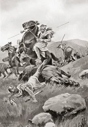 A morte de Masistius enquanto liderava um ataque de cavalaria contra as forças gregas, da História das Nações de Hutchinson, pub.1915