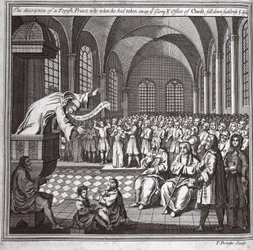 A descrição de um padre papista, que quando ele tirou a Glória e o ofício de Cristo, caiu de repente e morreu, ilustração de Mártires da Raposa.