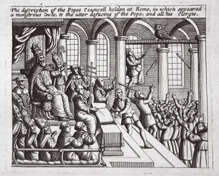 A descrição do Conselho Papas realizada em Roma, em que apareceu uma coruja monstruosa, ao desfiguramento total do Papa, e todo o seu clero, ilustração de Atos e Monumentos por John Foxe, nono ed