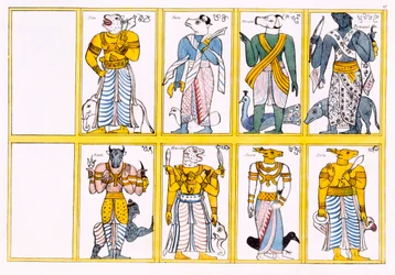 Os demônios, incluindo Ayimane, Sooniyan e Calloo-Coomare, de História e Doutrina do Budismo de Edward Upham, 1829