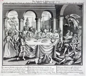 A diabólica mascarada ou a festa dos dragões, representada pelo Hell-Fire-Club, na Somerset House in the Strand, c.1721