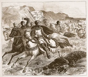 O desastre para o exército de Johns na lavagem, ilustração de História ilustrada de Cassells da Inglaterra (foto sépia)