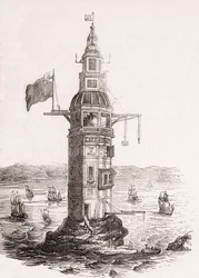 O primeiro farol erigido em Eddystone Rocks, Plymouth, Devon, Inglaterra