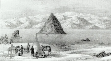 O obus no Pyramid Lake em janeiro de 1844, de Report of the Exploring Expedition às Montanhas Rochosas em 1842 e ao Oregon e Carolina do Norte em 1843-44 por John C. Fremont, publicado em 1845 (lit