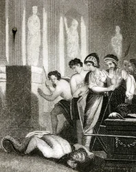 O ídolo Dagan cai no chão quando a Arca Sagrada da Aliança é trazida ao seu templo