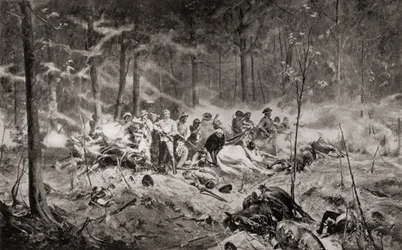 A última posição do Major Allan Wilson no rio Shangani, Matabeleland, durante a Primeira Guerra Matabele em 1893, segundo a pintura de Allan Stewart, de "South Africa and the Transvaal War: Vol. 1" de Louis Creswicke, publicado em 1900 (litografia)
