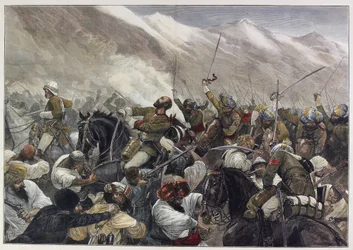 O final da Guerra do Afeganistão: Morte do Major Wigram Battye na batalha de Futtehabad 30 de Abril (gravura colorida)