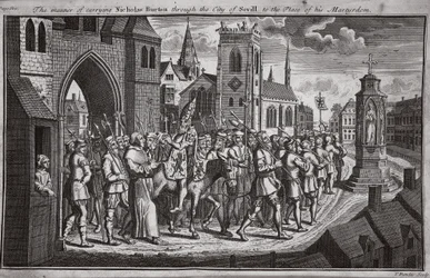 A maneira de levar Nicholas Burton pela cidade de Sevill até o lugar de seu martírio, ilustração de Foxes Martyrs c.1703