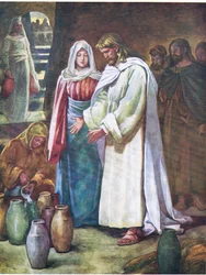 O casamento de Caná, de The Bible Picture Book publicado por Thomas Nelson, c.1950 (litografia a cores)