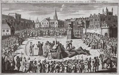 O martírio do Dr. Ridley e do Sr. Latimer em Oxford, com o Dr. Smith a pregar na altura do seu sofrimento, ilustração de "Foxes Martyrs", c.1703 (litografia)
