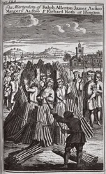 O martírio de Ralph Allerton James Austoo, Margery Austoo e Richard Roth em Islington, ilustração de "Foxes Martyrs", c.1703 (litografia)