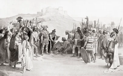 O encontro de Aníbal com os Ceutrones, uma tribo celta da antiga Gália, durante a sua travessia dos Alpes em 218 a.C., de Hutchinson
