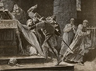 O assassínio de Becket na Catedral de Cantuária, ilustração de Cassells Illustrated History of England