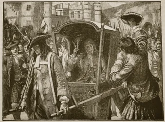 O povo de Edimburgo escoltando o Duque de Hamilton ao Palácio de Holyrood, ilustração da História Ilustrada de Cassells da Inglaterra (foto sépia)