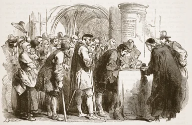 As pessoas que assinam o pacto na Igreja de St. Giles, Edimburgo, ilustração de História ilustrada de Cassells da Inglaterra (foto de sépia)