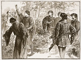 A briga nos jardins do templo, ilustração da história ilustrada de Cassells da Inglaterra (foto sépia)